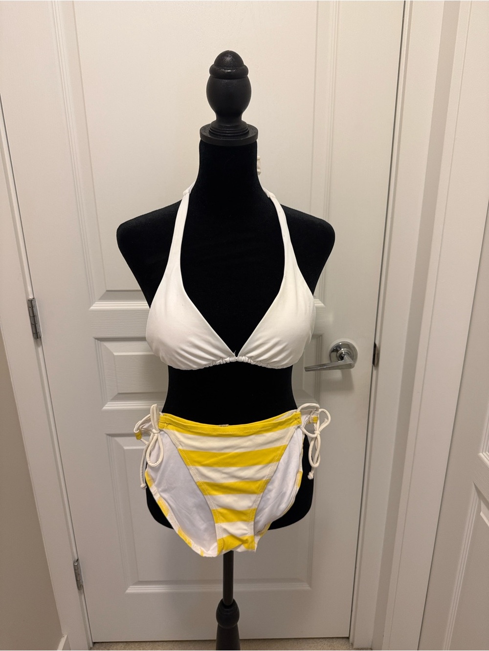 Women's White Halter Bikini Top with Yellow Stripe Tie-Side Bottom